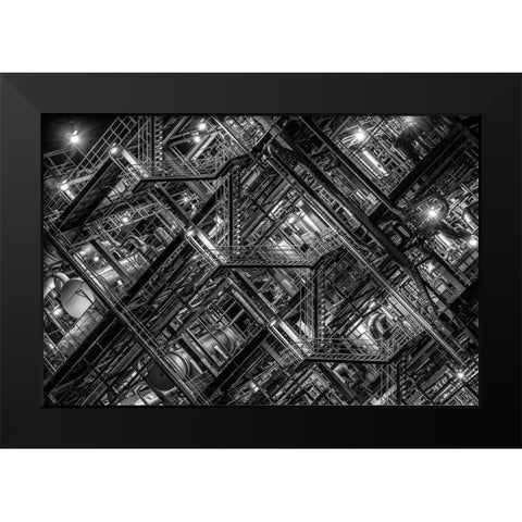 Factory Staircase Black Modern Wood Framed Art Print by Hara, Tomoshi