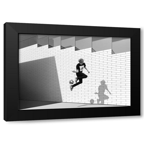 Boy With Football Black Modern Wood Framed Art Print by Schuster, Inge