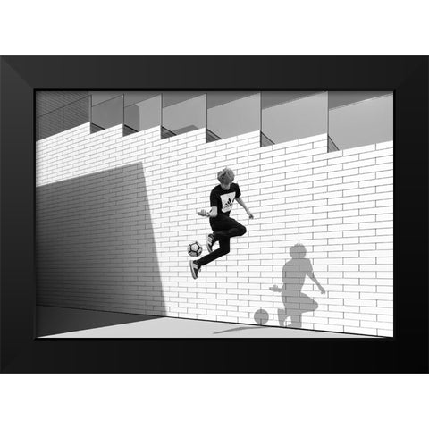 Boy With Football Black Modern Wood Framed Art Print by Schuster, Inge
