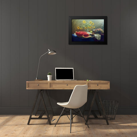 Still Life With Watermelon And Grapes Black Modern Wood Framed Art Print by Ustinagreen