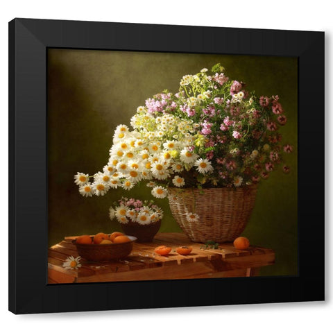 Still Life With A Basket Of Wildflowers Black Modern Wood Framed Art Print with Double Matting by Skorokhod, Tatyana