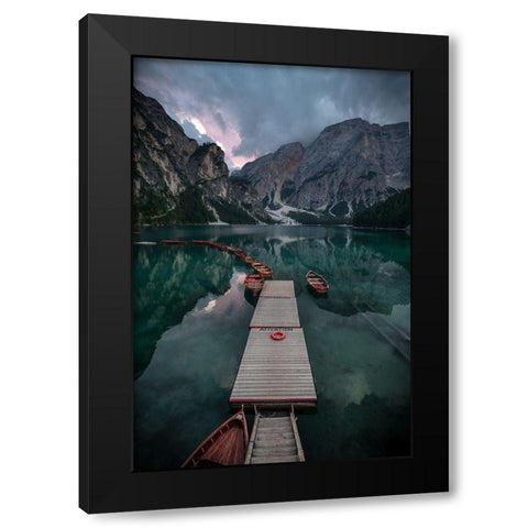 Braies Reflections Black Modern Wood Framed Art Print by Tagliarino, Marco