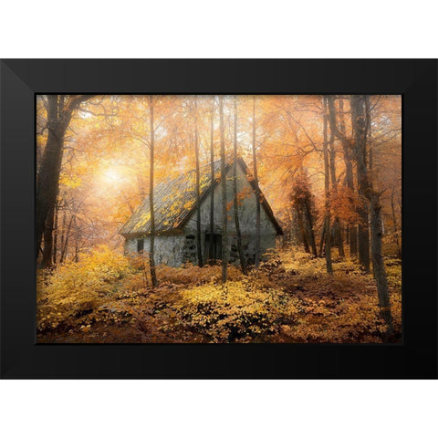 House In The Forest During Fallseason Black Modern Wood Framed Art Print by Lindsten, Christian