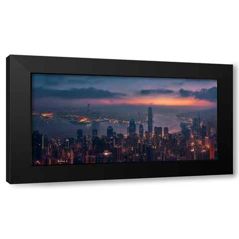 Sunrising Hong Kong Black Modern Wood Framed Art Print with Double Matting by De La, Javier