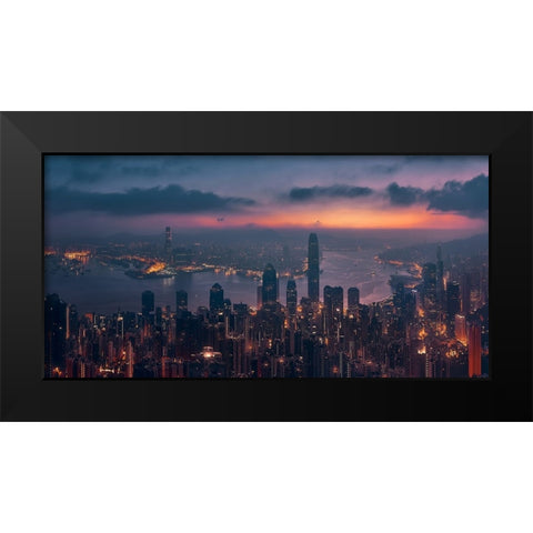 Sunrising Hong Kong Black Modern Wood Framed Art Print by De La, Javier