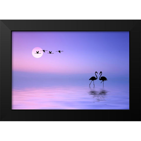 Flying Flamingo Black Modern Wood Framed Art Print by Hamiti, Bess