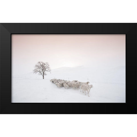 Flock Looking For Food Black Modern Wood Framed Art Print by Z, Bingo