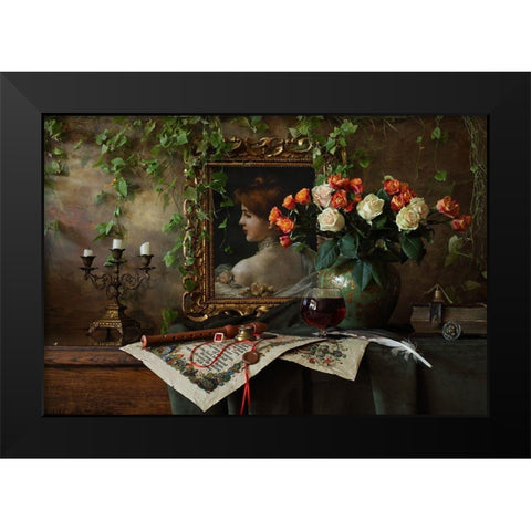 Still Life With Flowers And Picture Black Modern Wood Framed Art Print by Morozov, Andrey