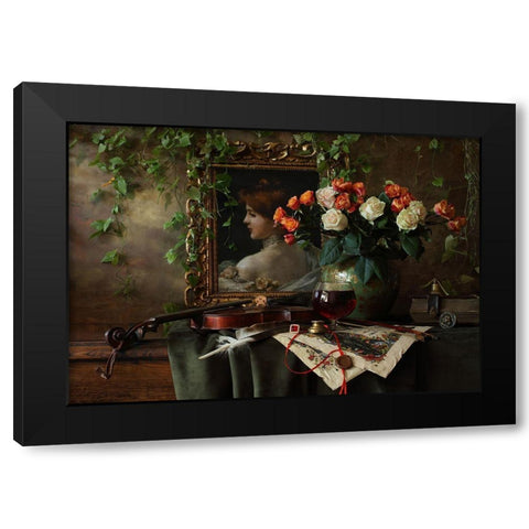 Still Life With Violin And Flowers Black Modern Wood Framed Art Print by Morozov, Andrey