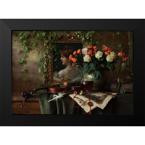 Still Life With Violin And Flowers Black Modern Wood Framed Art Print by Morozov, Andrey