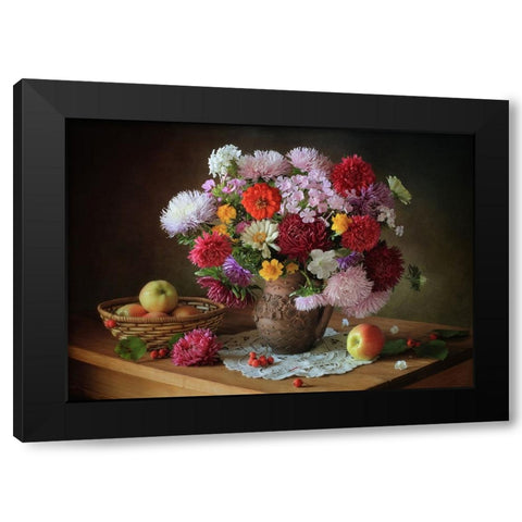 Still Life With A Bouquet Of Flowers And Apples Black Modern Wood Framed Art Print by Skorokhod, Tatyana