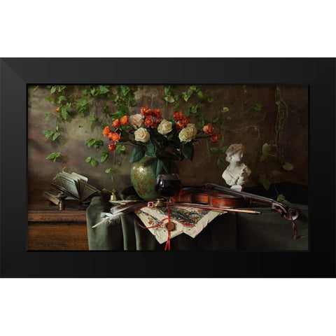 Still Life With Violin And Flowers Black Modern Wood Framed Art Print by Morozov, Andrey
