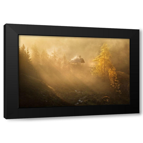 Alpine Church In The Morning Fog Black Modern Wood Framed Art Print by Rericha, Daniel