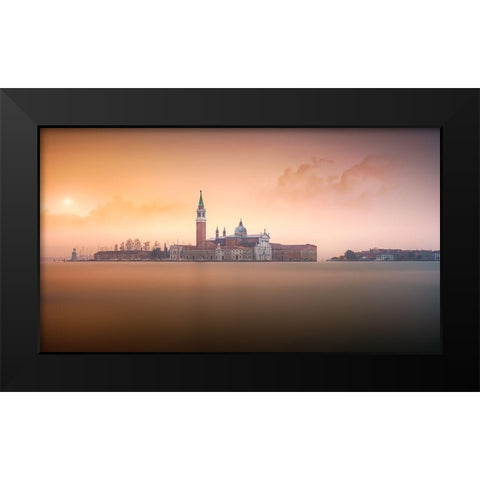 Venice Pink Sunrise Black Modern Wood Framed Art Print by Joanaduenas