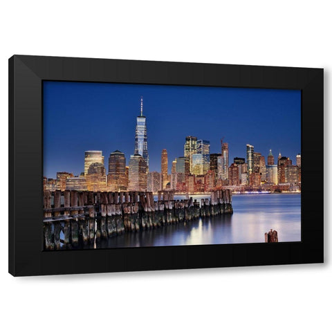 Manhattan Skyline At Night Black Modern Wood Framed Art Print by Froyda, Martin