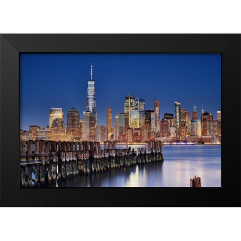 Manhattan Skyline At Night Black Modern Wood Framed Art Print by Froyda, Martin