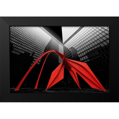 Chicago Flamingo Scuplture Black Modern Wood Framed Art Print by Zhao, Henry