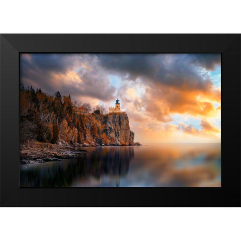 A Cloudy Day At Split Rock Lighthouse Black Modern Wood Framed Art Print by He, Like