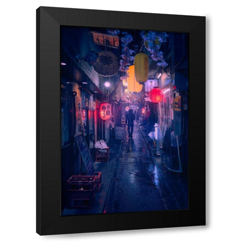 Tokyo Blue Rain Black Modern Wood Framed Art Print with Double Matting by De La, Javier