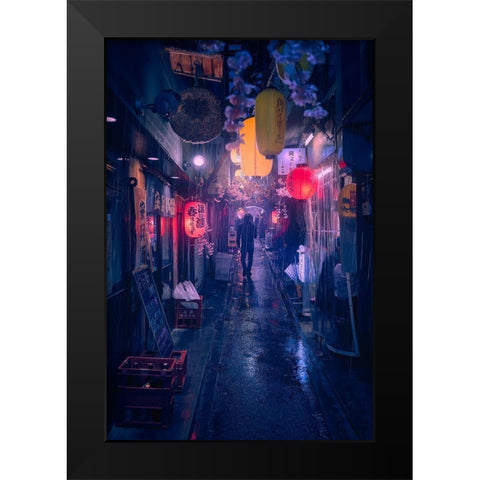Tokyo Blue Rain Black Modern Wood Framed Art Print by De La, Javier