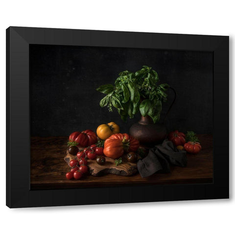 Still Life With Tomatoes And Basil Black Modern Wood Framed Art Print with Double Matting by Popescu, Diana