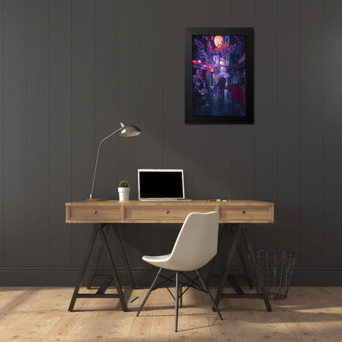 Tokyo Blue Rain Black Modern Wood Framed Art Print by De La, Javier