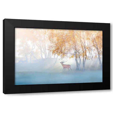 Elk Lost In Mist Black Modern Wood Framed Art Print with Double Matting by Simoon
