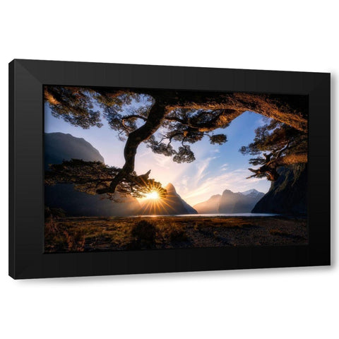 Sunny Day In Milford Sound Black Modern Wood Framed Art Print with Double Matting by Zhu, Jingshu