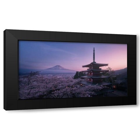Mt Fuji Sakura Black Modern Wood Framed Art Print by De La, Javier