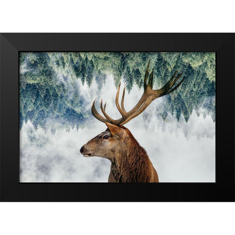 The Deer And The Woods Black Modern Wood Framed Art Print by Beata, Angyalosi