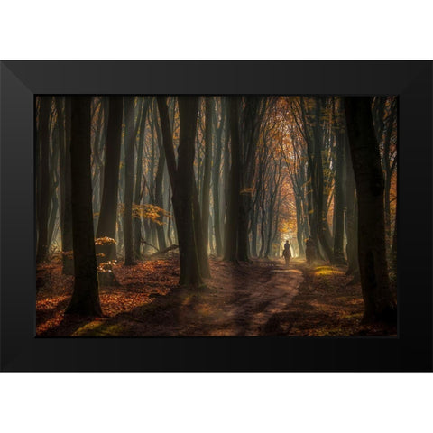 Early Horse Ride Black Modern Wood Framed Art Print by Haaksma, Piet