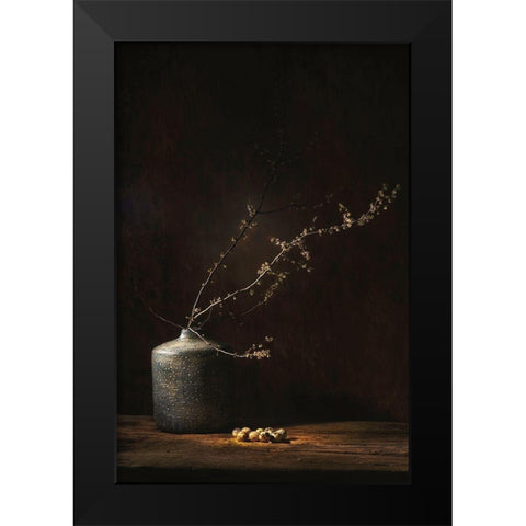 Still Life With Blossom And Eggs Black Modern Wood Framed Art Print by Dingemans, Saskia