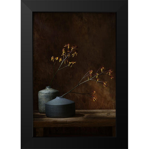 Still Life With Oker Flowers Black Modern Wood Framed Art Print by Dingemans, Saskia
