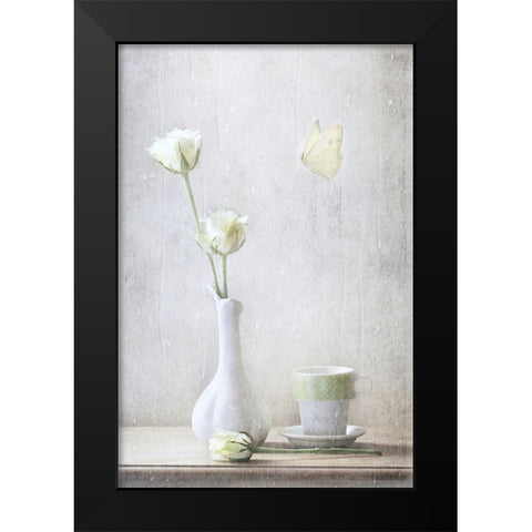 Soft White Petals Black Modern Wood Framed Art Print by Devos, Delphine