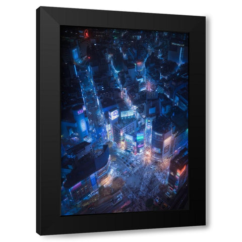 Flying Shibuya Black Modern Wood Framed Art Print by De La, Javier