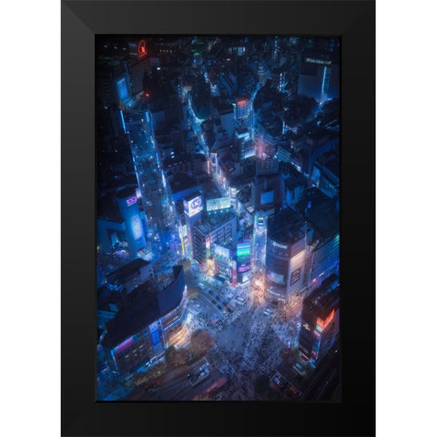 Flying Shibuya Black Modern Wood Framed Art Print by De La, Javier