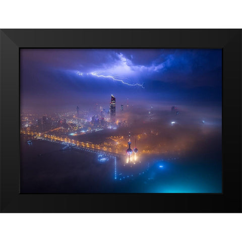 Fog And Lightning In Kuwait City Black Modern Wood Framed Art Print by Alnomas, Faisal