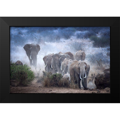 Elephants Of Amboseli Black Modern Wood Framed Art Print by George, Sherin