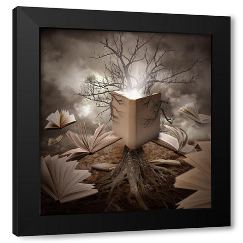 Old Tree Reading Story Book Black Modern Wood Framed Art Print with Double Matting by Waye, Angela