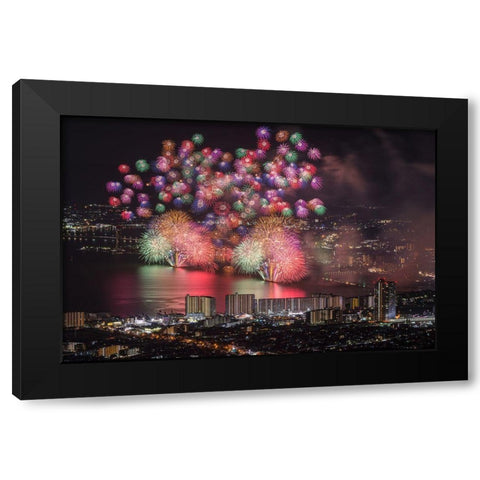 Lake Biwa Fireworks Black Modern Wood Framed Art Print with Double Matting by Ito, Tatsuki