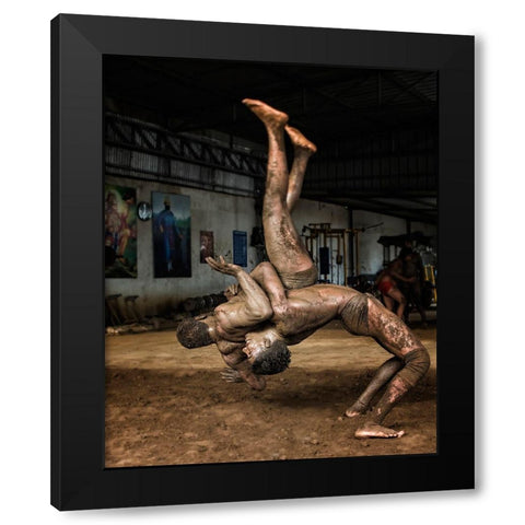 Indian Wrestling Black Modern Wood Framed Art Print by Grover, Manik