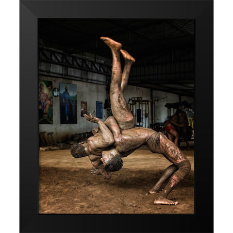 Indian Wrestling Black Modern Wood Framed Art Print by Grover, Manik