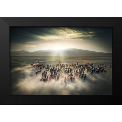 Wild Horses Black Modern Wood Framed Art Print by Cevik, Cuma