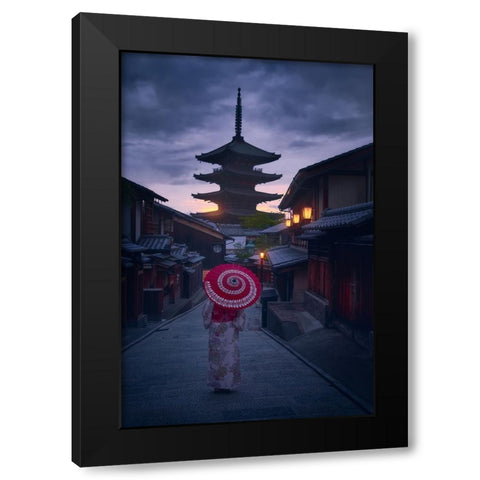 Walking Kyoto Black Modern Wood Framed Art Print with Double Matting by De La, Javier