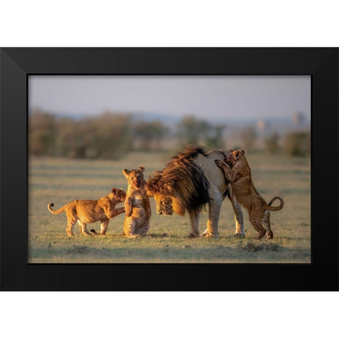 Dad And Kids Black Modern Wood Framed Art Print by Li, Min