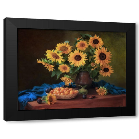 Still Life With Sunflowers And Plums Black Modern Wood Framed Art Print with Double Matting by Skorokhod, Tatyana