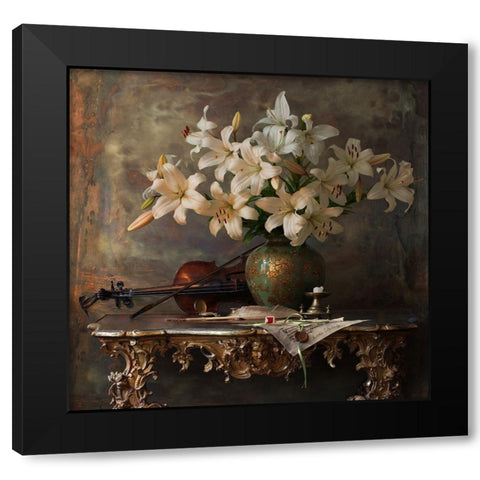 Still Life With Violin And Flowers Black Modern Wood Framed Art Print by Morozov, Andrey
