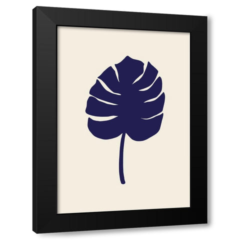 Monstera Leaf Dark Blue Black Modern Wood Framed Art Print with Double Matting by 1x Studio