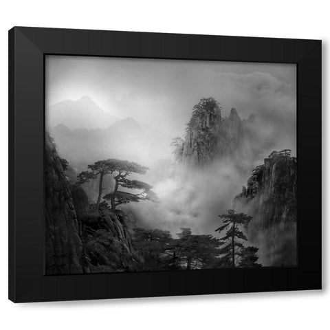 Huang Shan In The Fog Black Modern Wood Framed Art Print with Double Matting by Guoji