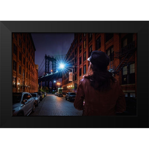 Manhattan Bridge Black Modern Wood Framed Art Print by Foto, Patrick